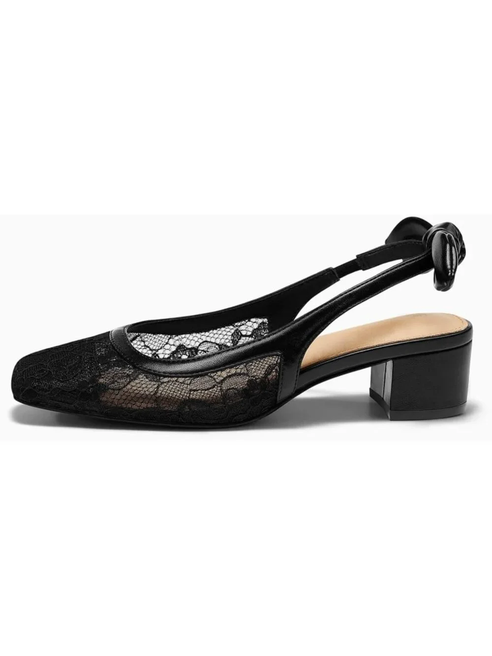 Women's Black Lace Chunky Low Heels Bow Slingback Closed Square Toe Pumps Shoes